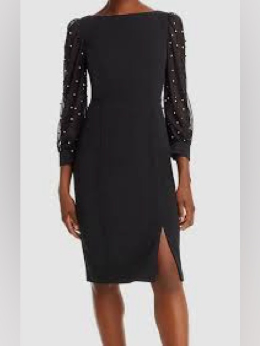 Eliza J Black Sheath Dress with Sheer Polka-Dot Puff Sleeves
